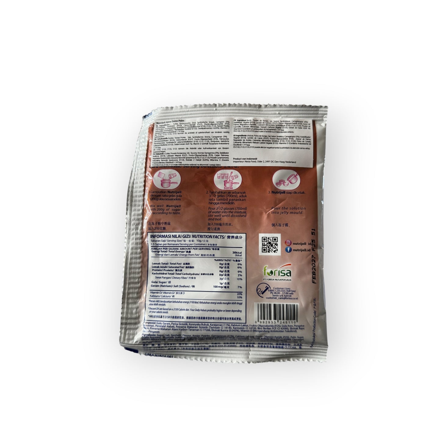 Nesia Nutrijell Agar Agar Gelée mit Dattelflavour, cremige Textur und appetitliches braunes Farbmuster, in einer Schüssel.