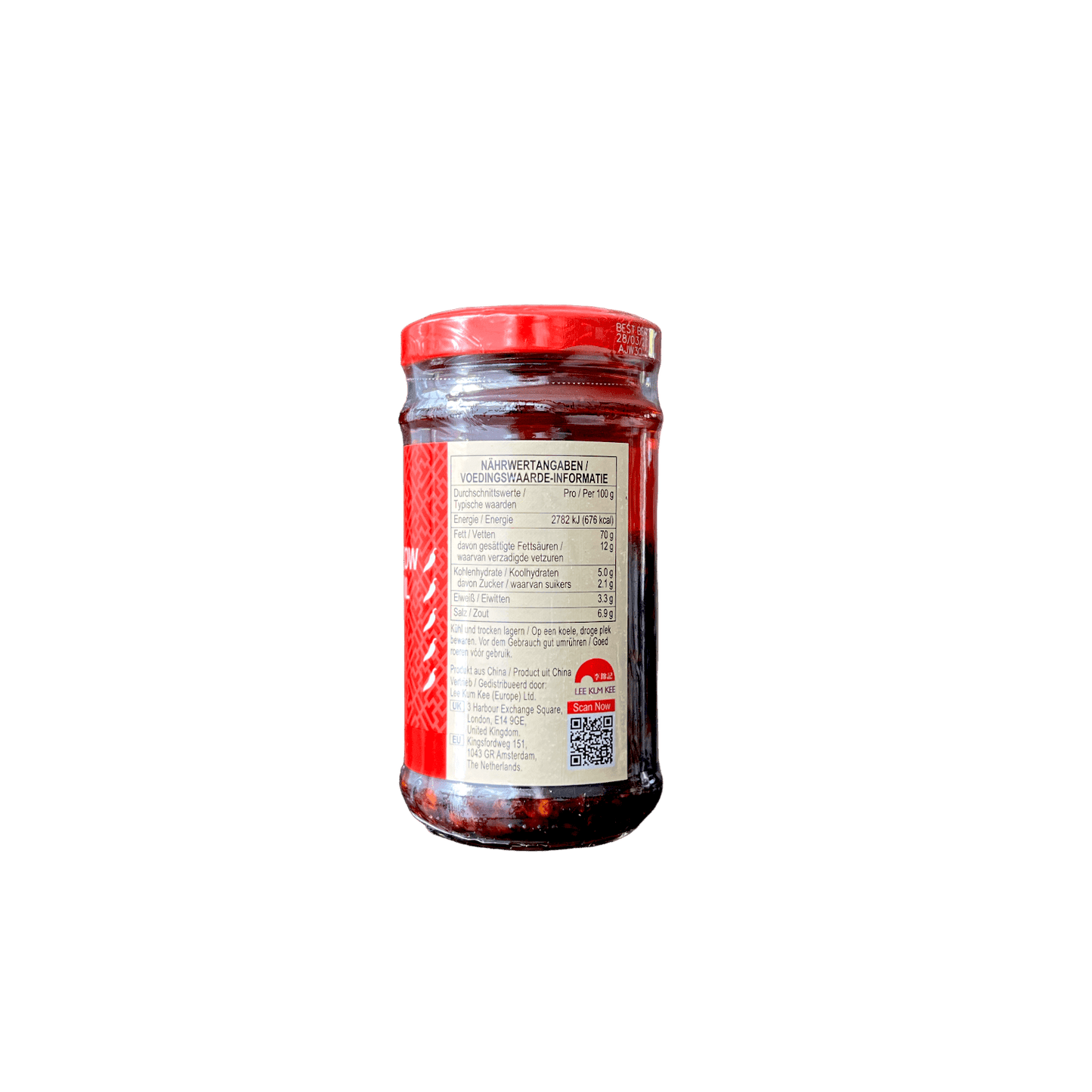 Chiliöl von Lee Kum Kee, Chilisauce in Flasche, orientalisch gewürzt, ideal für asiatische Gerichte, in der Flasche mit Etikett