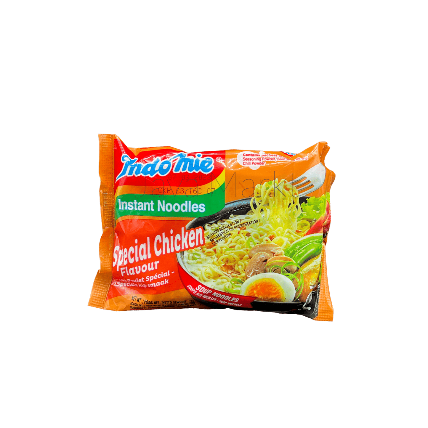 Vanka Kawat Instant-Nudeln Indomie Ayam Special in einer Schüssel mit Nudeln und Gewürzen, fertiges Gericht, authentischer Geschmack
