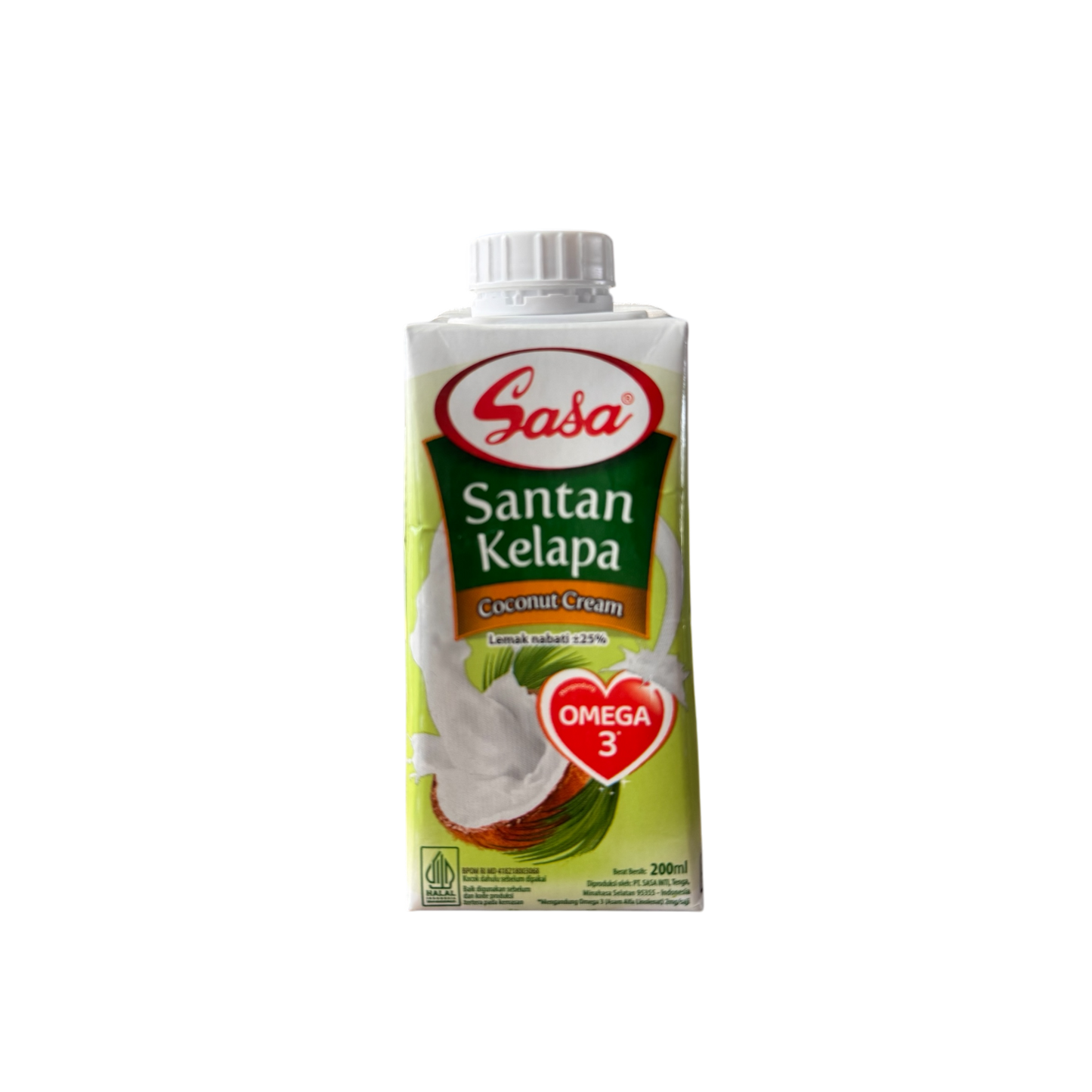 Nesia Sasa Santan Kelapa Cair, cremige Kokosmilch für Kochen und Backen, in einer Dose mit weißer Flüssigkeit.