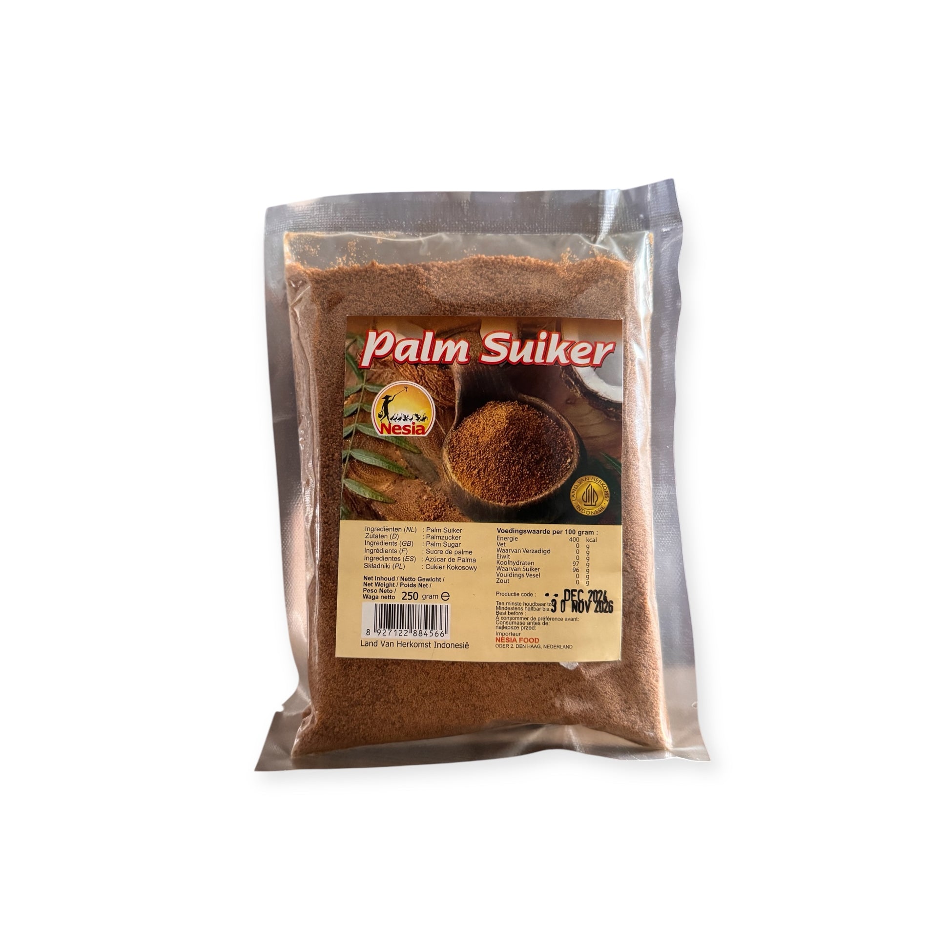 Feines Gula Palem Bubuk von Nesia in einem Beutel, geeignet für Kochen und Backen, hellbraune Koch- und Backzutat.
