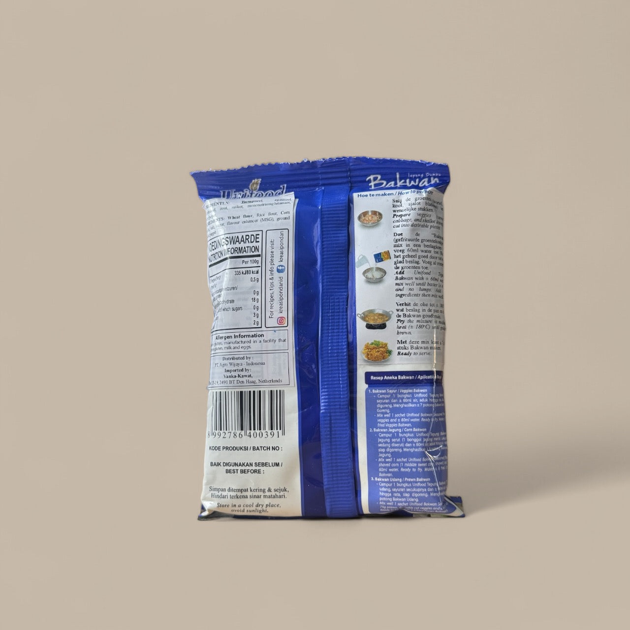 Mehlmischung Tepung Bumbu Bakwan von Vanka Kawat, in einer Packung, ideal für knusprige asiatische Bällchen.