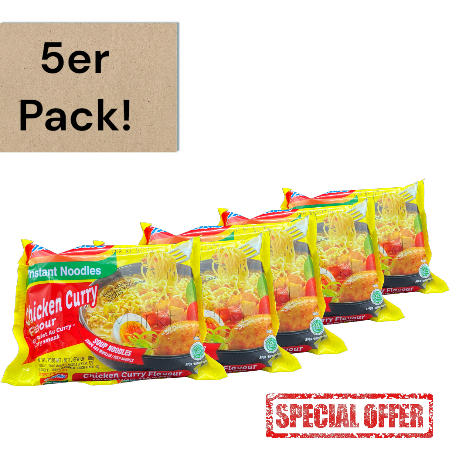 Vanka Kawat Indomie Kari Ayam Instant-Nudeln im 5er Pack, mit würziger Curry-Hühnchen-Geschmacksrichtung, Nahaufnahme