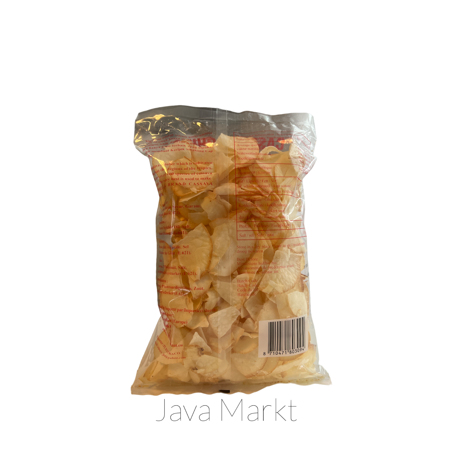 Knusprige Mirasa Keripik Singkong Original von Oriental Merchant, Snack aus Süßkartoffel, in einer offenen Verpackung.