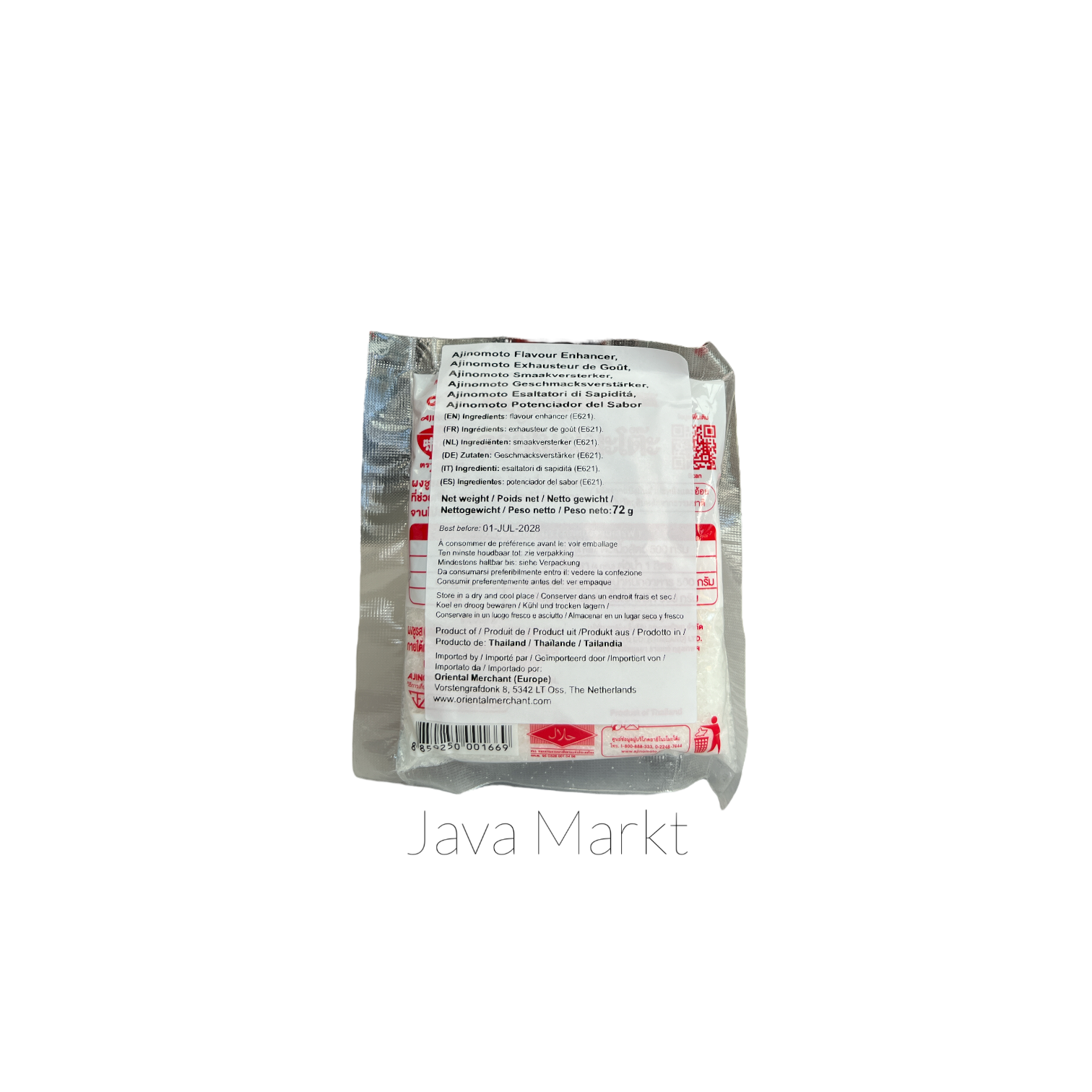 Helle Verpackung mit Ajinomoto Glutamat (MSG) als Kochzutat, Oriental Merchant Marke, in einer Küchenumgebung sichtbar