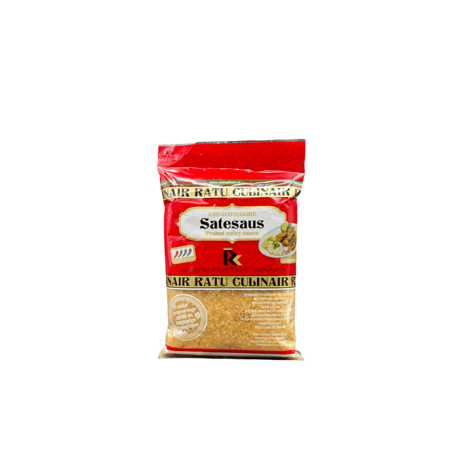 Erdnussauce von Ratu Culinair, Vanka Kawat, für Sate, in einer weißen Schüssel, mit Erdnüssen und Gewürzen.