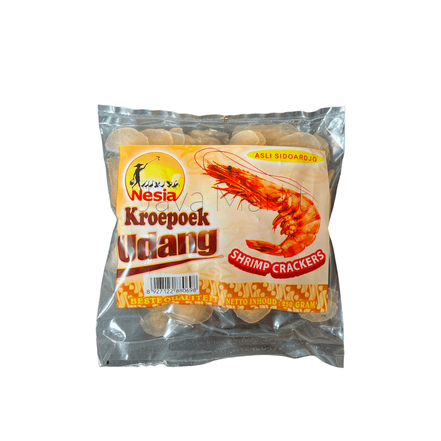 Knusprige Garnelen-Chips von Nesia Food, 4 cm große, goldene Snacks, die appetitlich auf einem Teller liegen