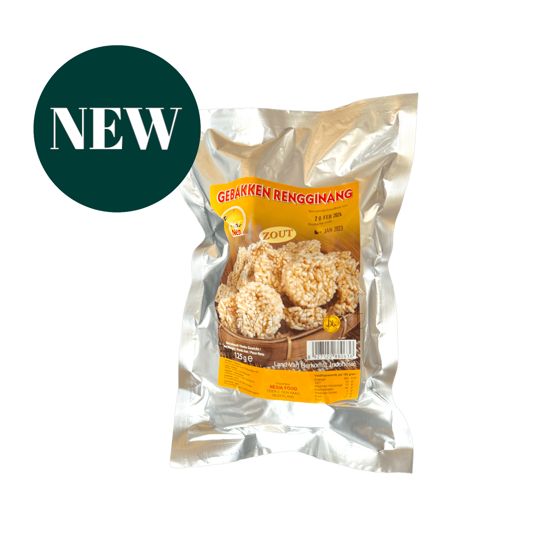 Knuspriger Rengginang Asin Kerupuk von Nesia Food, goldene, runde Snacks auf weißem Hintergrund.