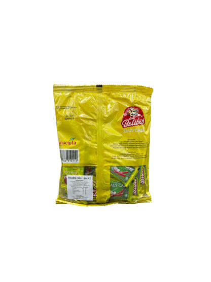 Sachet mit Dua Belibis Saus Cabe, scharfe Chilisauce von Nesia Food, in einer transparenten Verpackung sichtbar