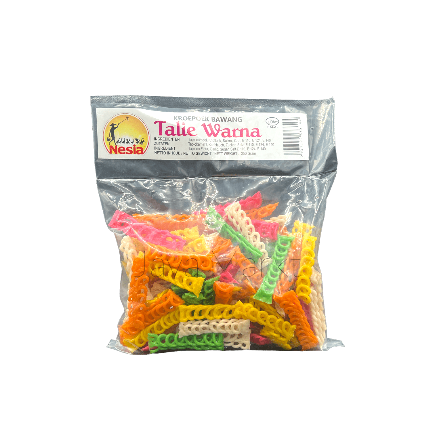 Bunter Knoblauch-Kerupuk von Nesia Food, knuspriges indonesisches Lebensmittel mit bunten Farben, perfekt als Snack.