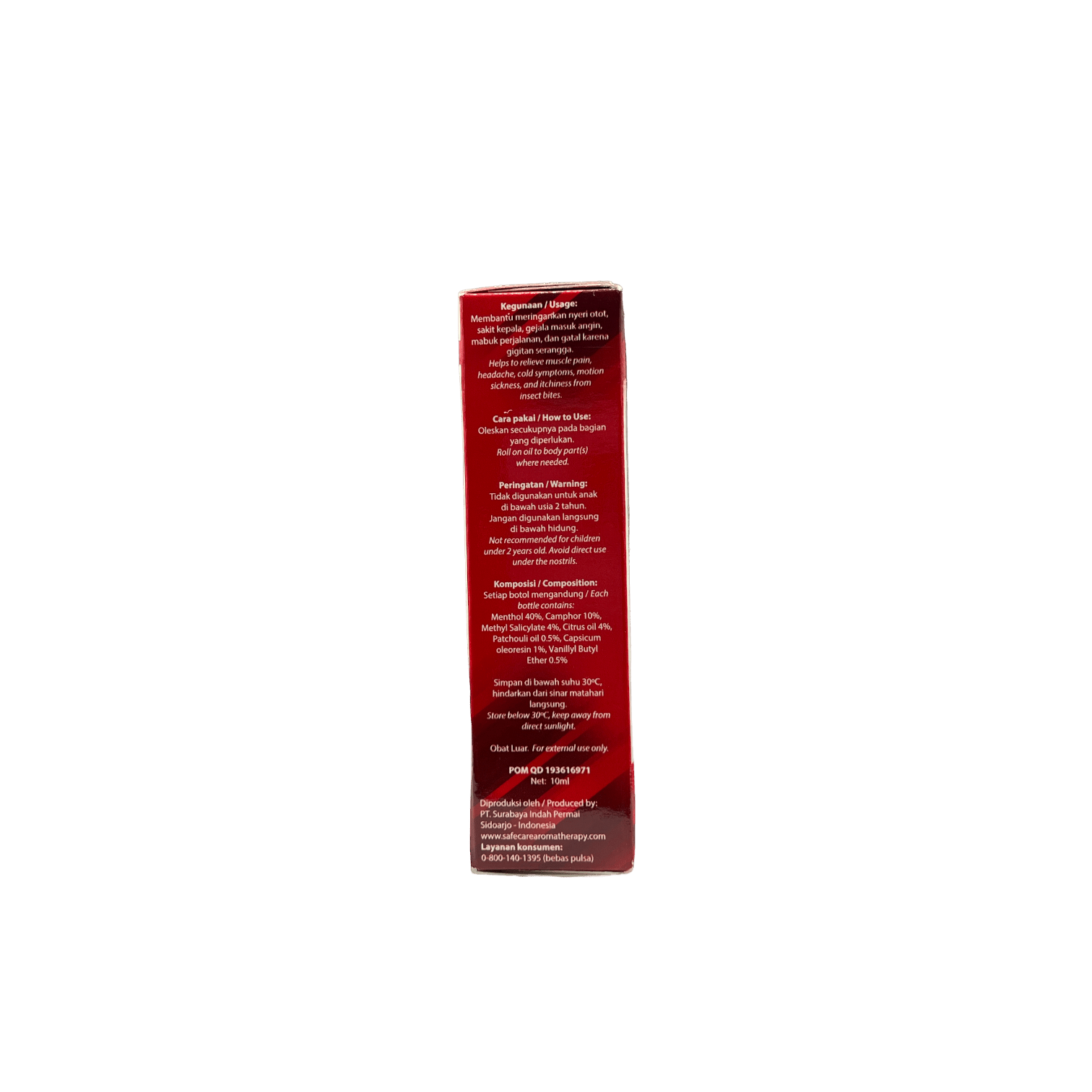 Nesia Food Safe Care Aroma Therapy Merah Massageöl in einer offenen Flasche mit ätherischen Ölen und entspannender Verpackung