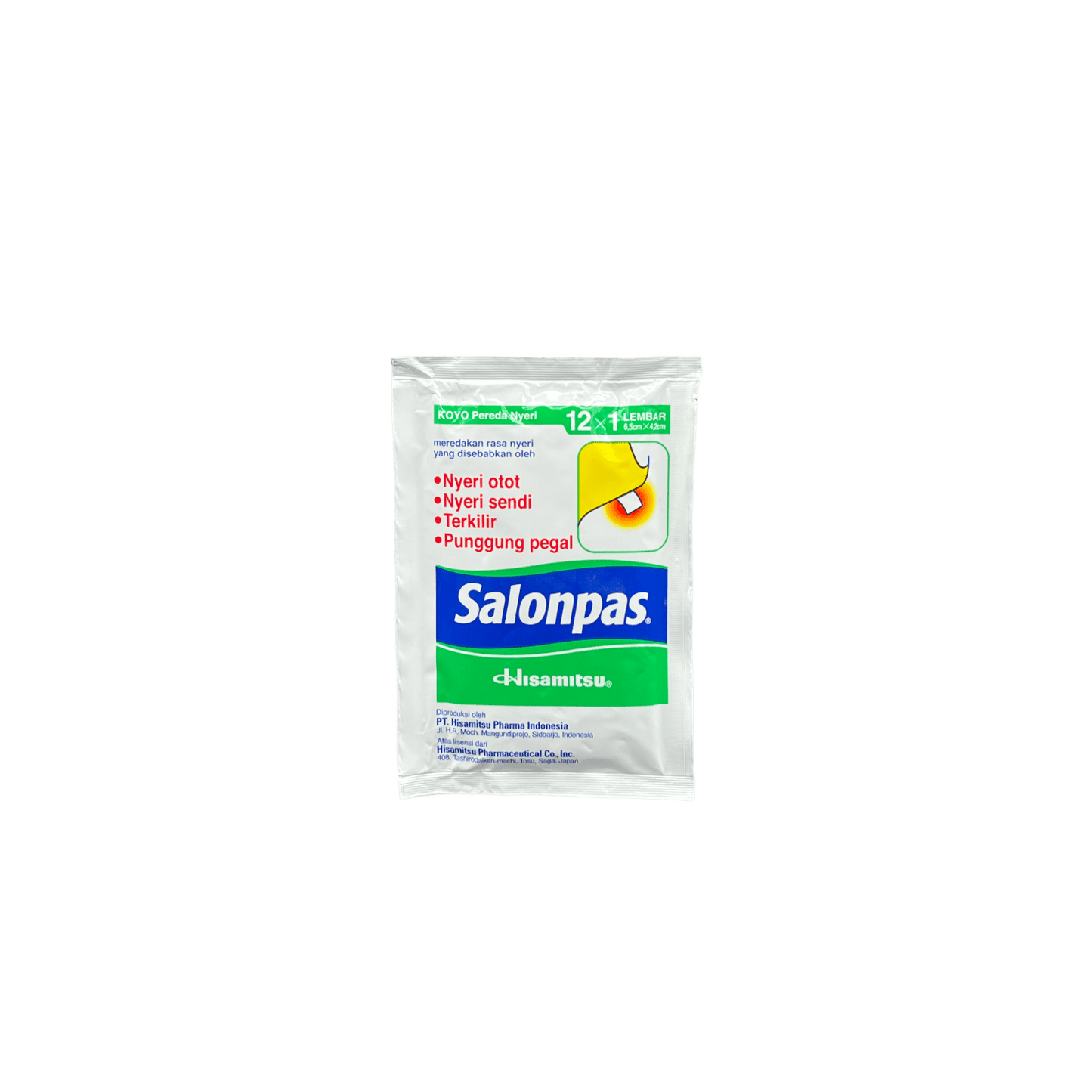 Warmpflaster von Nesia Food, Salonpas Koyo Pereda Nyeri, zur Linderung von Muskelschmerzen, auf der Haut aufgebracht.