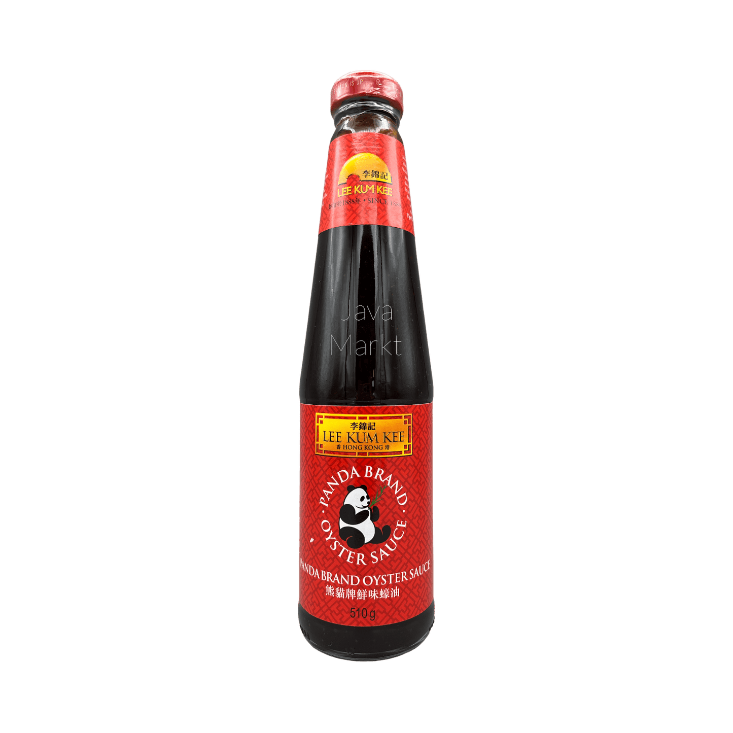 Oystersoße von Lee Kum Kee, Panda Marke, in einer Flasche, typische asiatische Sauce für die Küche, auf weißem Hintergrund.