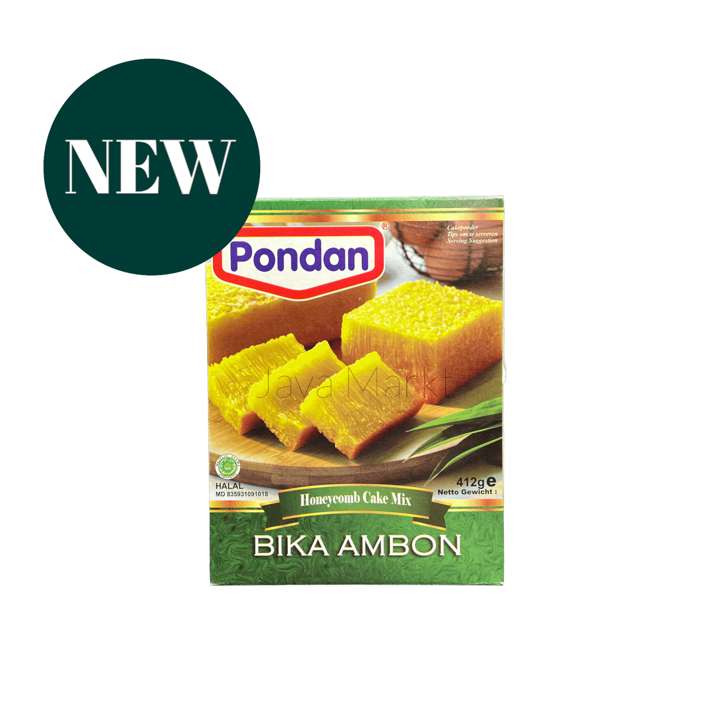 Vanka Kawat Pondan Bika Ambon Backmischung, Verpackung mit Bika Ambon Kuchen in der Verpackung, Backmischung für Bika Ambon