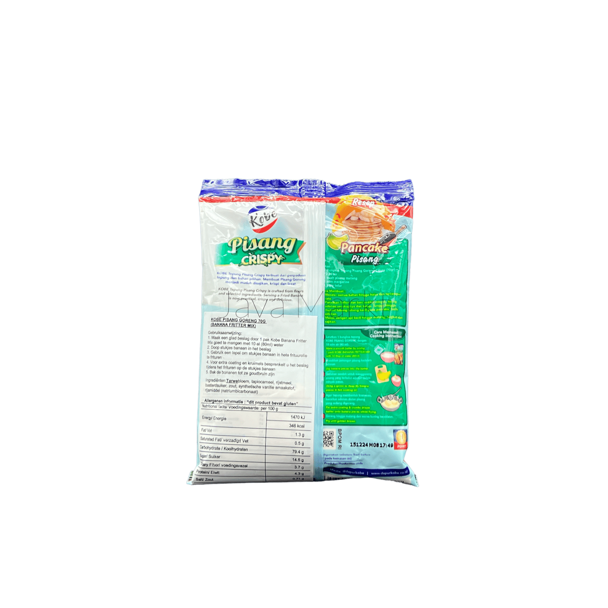 Vanka Kawat Kobe Pisang Crispy Mehlmischung, feine Mehlmischung für knusprige Bananen Snacks, geöffnete Verpackung mit Zutaten.